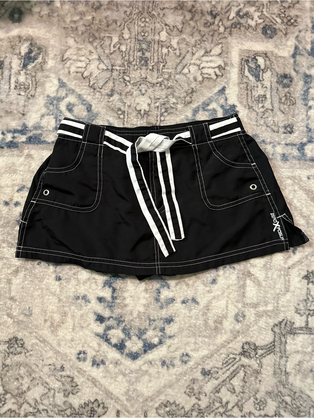 ZeroXposur Black Mini Skort with White Stripe Tie Swim Bottoms